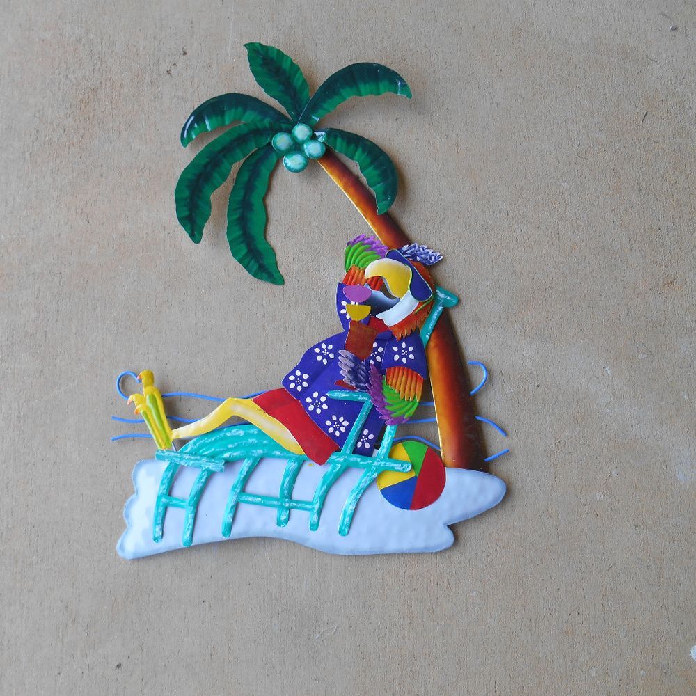 Tropical Coastal Tin Parrot with Palm Tree Wall Art Large